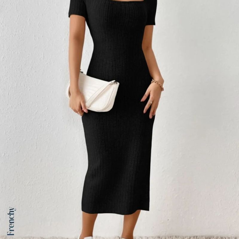 Vestido informal de punto acanalado con cuello cuadrado y abertura lateral para mujer