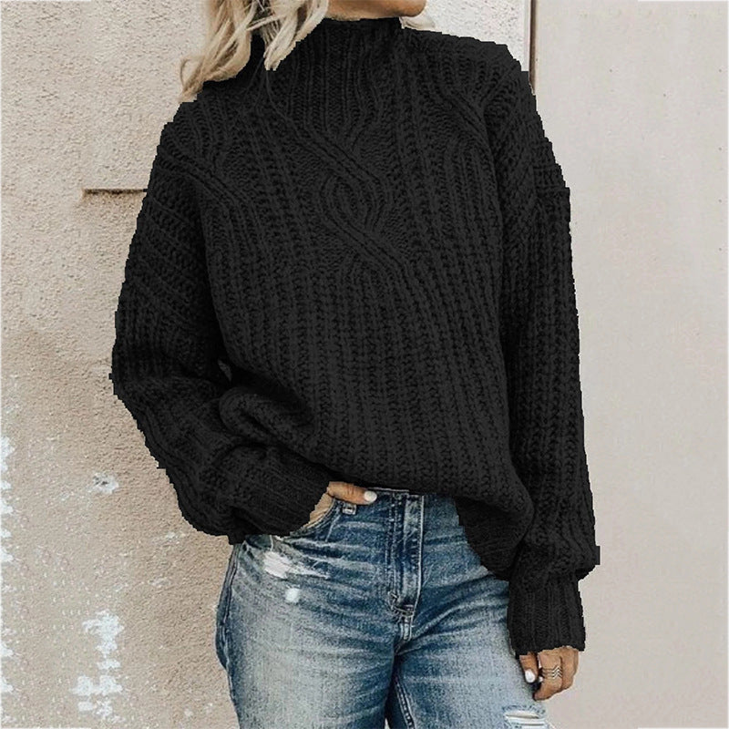 Winter Women Solid Color Turtleneck Long Sleeve Knit Loose Casual Sweater