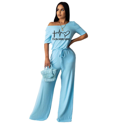 Women Casual Short Sleeves Faith Letter Graphic Print Bandage Straight Jumpsuits
