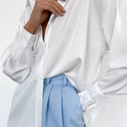 Blusa informal de seda helada de color liso con costuras de plumas para mujer, manga larga, solapa y botonadura sencilla