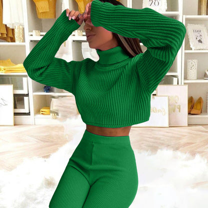 Conjunto de dos piezas de top y pantalón de punto de manga larga con cuello alto y color liso informal para mujer