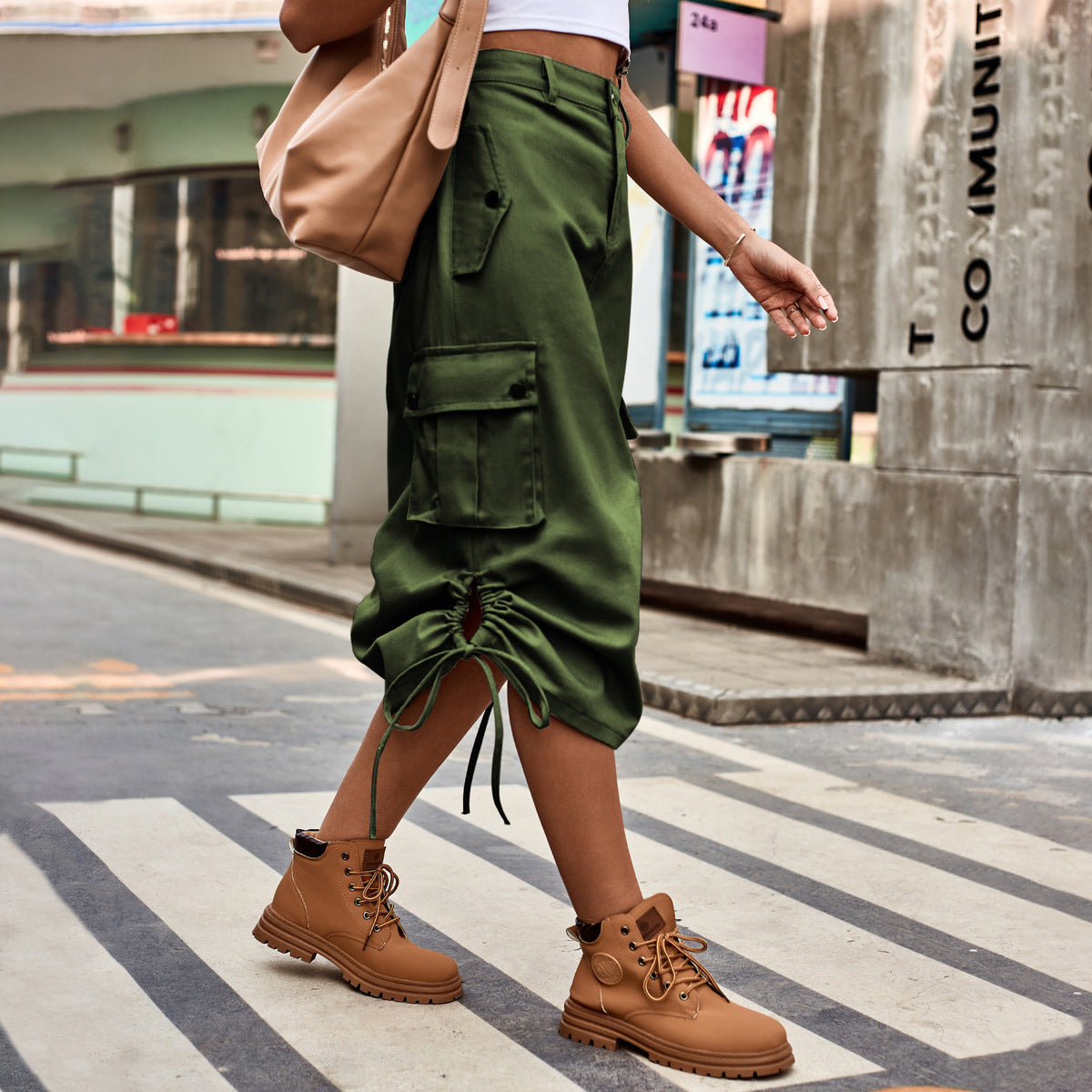 Women Fashion Casual Denim Lace-Up Pockets Mid-Length Skirt