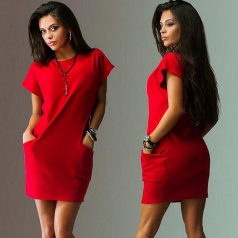 Women Fashion Casual Solid Color Pocket Short Sleeve Dress