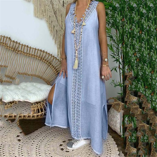 Women Casual Vintage Boho V-Neck Lace Patchwork Plus Size Maxi Dress