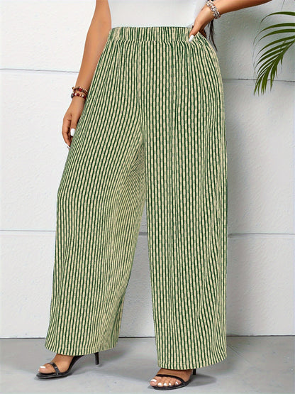Summer Women Casual Plus Size Stripe Printed Wide Leg Pants