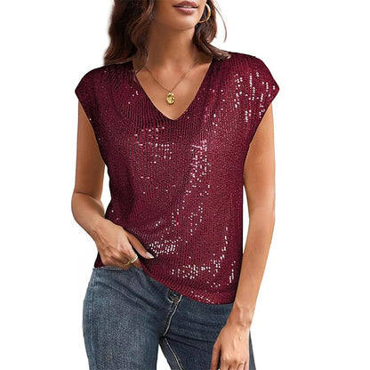 Women Fashion Casual Solid Color Sequin V-Neck Short Sleeve Blouse