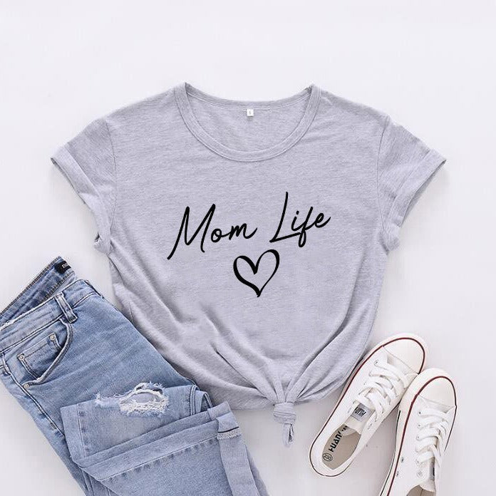 Camiseta informal de manga corta para mujer con texto "Mamá, vida de madre, feliz día de la madre"