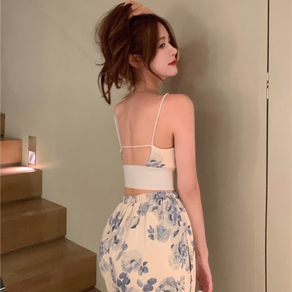 Conjunto de dos piezas informal para mujer: top corto con tirantes, espalda descubierta y pantalones anchos de cintura alta