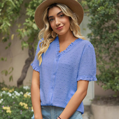 Blusa informal de verano para mujer, de gasa, con cuello en V, floral, de manga corta y color liso