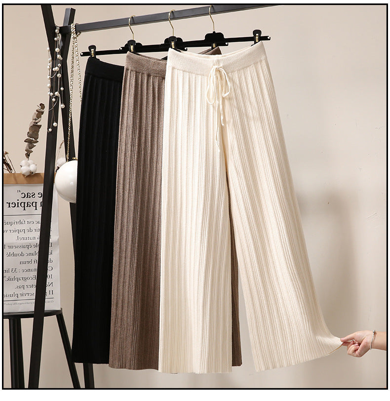 Women Casual Autumn Winter Solid Color Pleated Wide Leg Knitted Pants