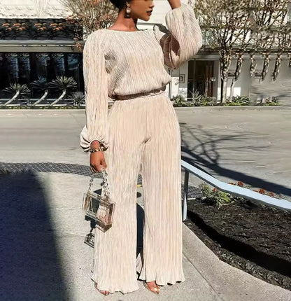 Conjunto de dos piezas de pantalón recto y top holgado de manga larga plisado informal a la moda para mujer