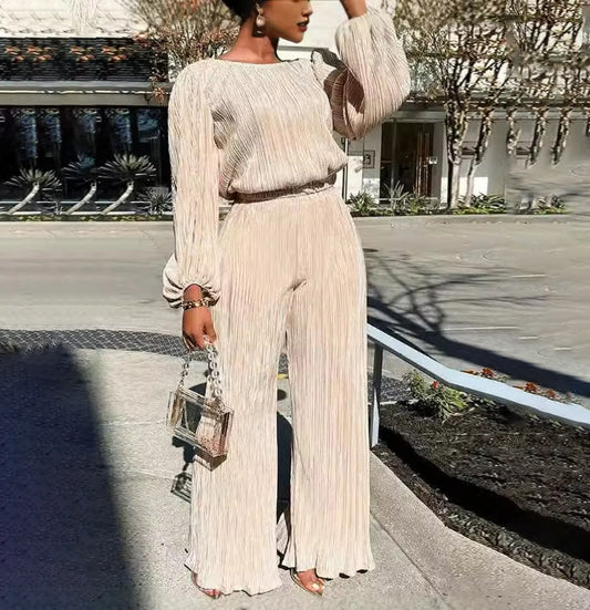Conjunto de dos piezas de pantalón recto y top holgado de manga larga plisado informal a la moda para mujer