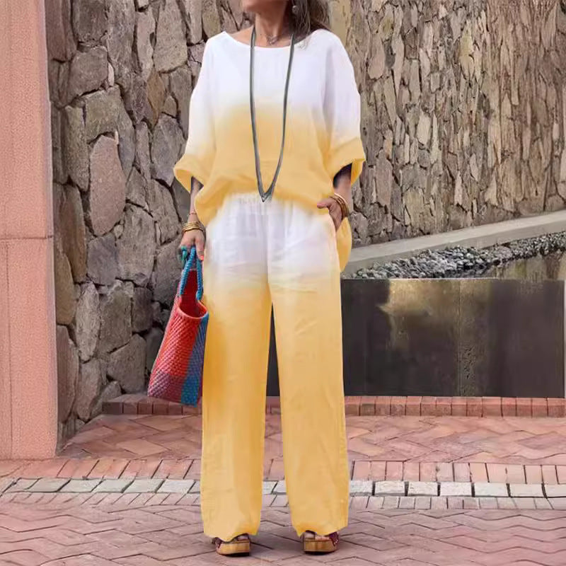 Conjunto de dos piezas de verano para mujer, informal, con degradado, manga larga, pantalones anchos y parte superior