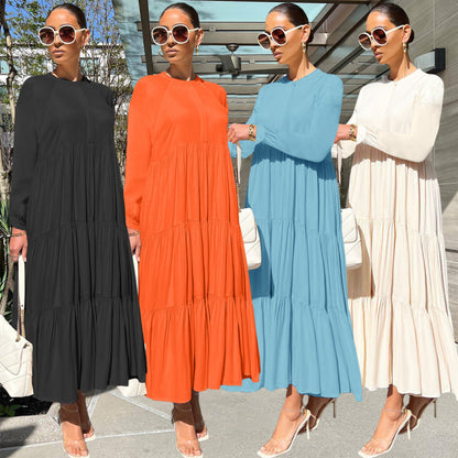 Women Fashion Casual Long-Sleeved Loose Ruffled Solid Color Maxi Dress