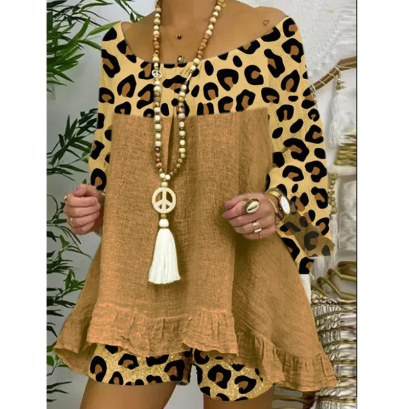 Conjunto de dos piezas con top y pantalones cortos con estampado de leopardo para mujer