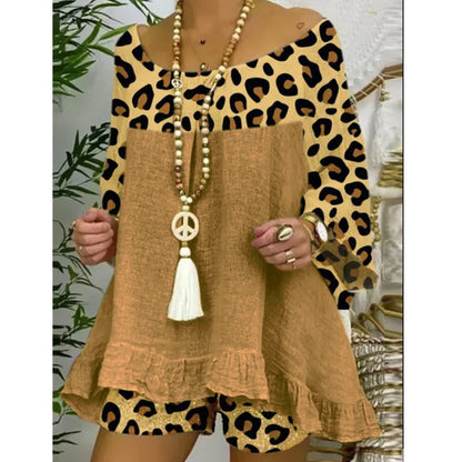 Conjunto de dos piezas con top y pantalones cortos con estampado de leopardo para mujer