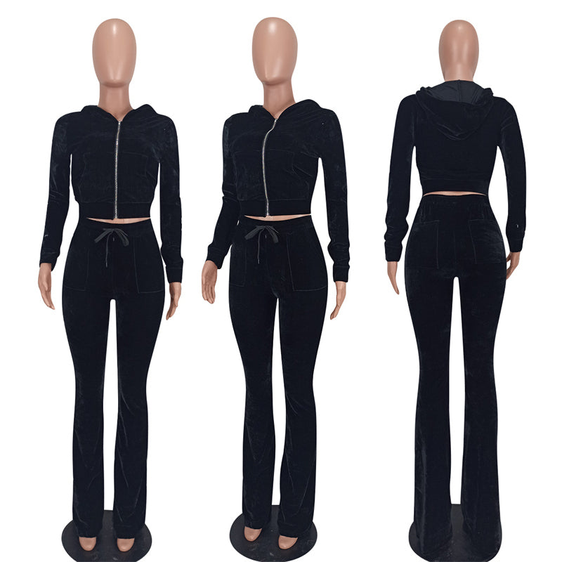 Conjunto de dos piezas deportivo informal para mujer, con capucha, manga larga, pantalones acampanados y cremallera de terciopelo de color liso