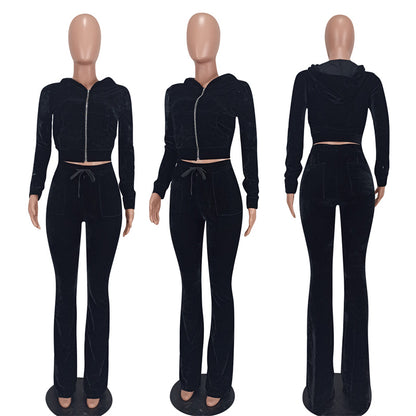 Conjunto de dos piezas deportivo informal para mujer, con capucha, manga larga, pantalones acampanados y cremallera de terciopelo de color liso