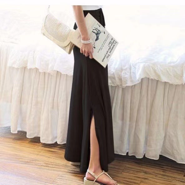 Women Fashion Casual Solid Color High Waist Side Split Skirt