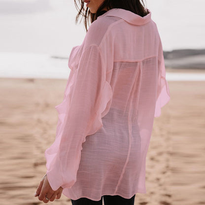 Blusa informal de algodón y lino de color liso con cuello en V y manga larga para mujer