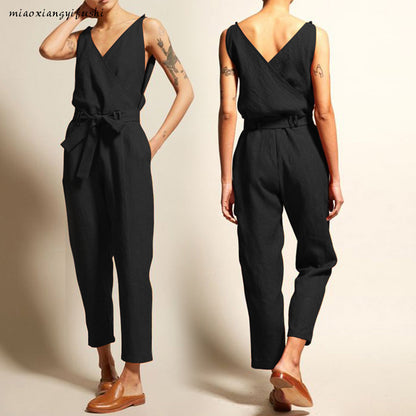 Women Solid Color V-Neck Tank Top Sash Waist Casual Loose Jumpsuits