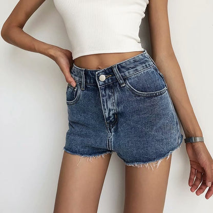 Pantalones cortos vaqueros básicos de verano para mujer, informales, de color liso y con dobladillo sin rematar