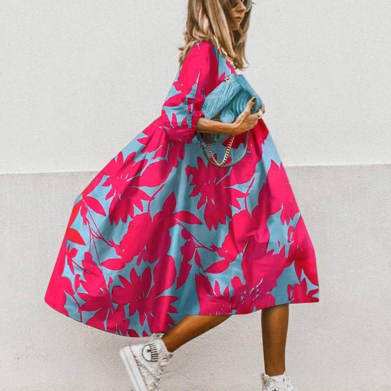 Summer Women Casual Edgy Short Sleeves Round Neck Floral Print Loose Dress
