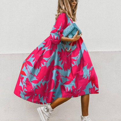 Summer Women Casual Edgy Short Sleeves Round Neck Floral Print Loose Dress