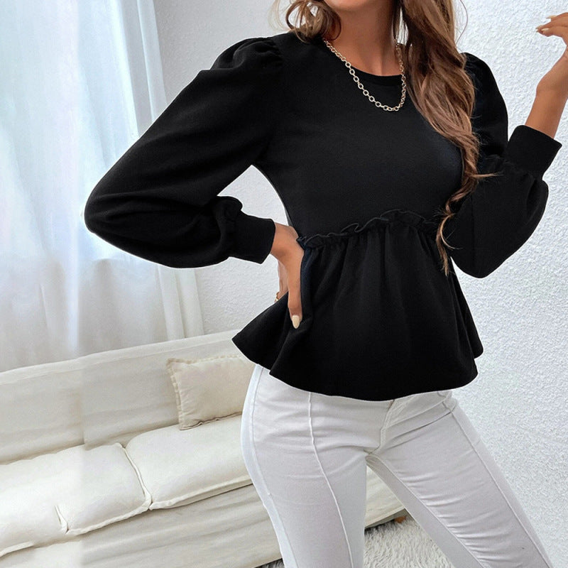Blusa informal holgada con mangas largas abullonadas y volantes para mujer