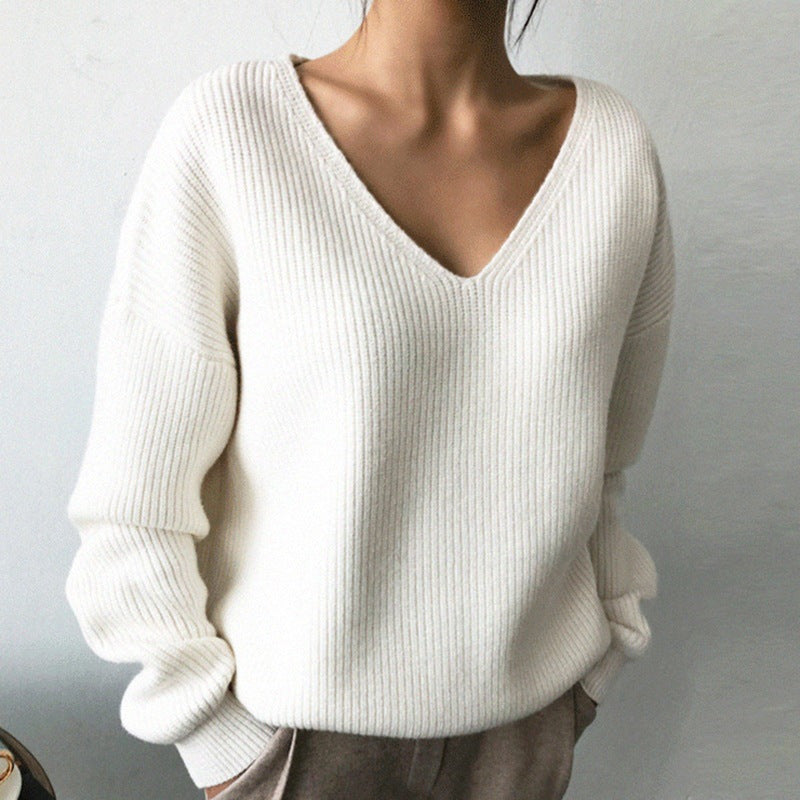 Autumn Winter Women Solid Color Casual V-Neck Long Sleeve Knitted Sweater