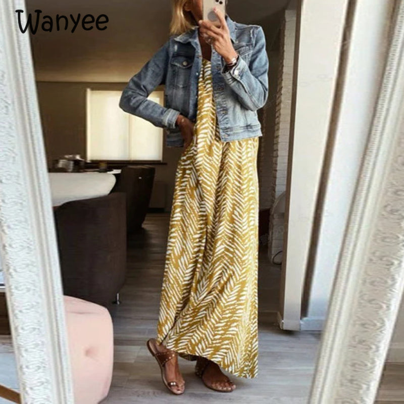 Women Casual Fashion Summer Casual Backless Beach Striped Bohemian Maxi Dress