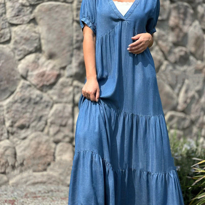 Women Casual Loose V-Neck Solid Color Denim Plus Size Dress