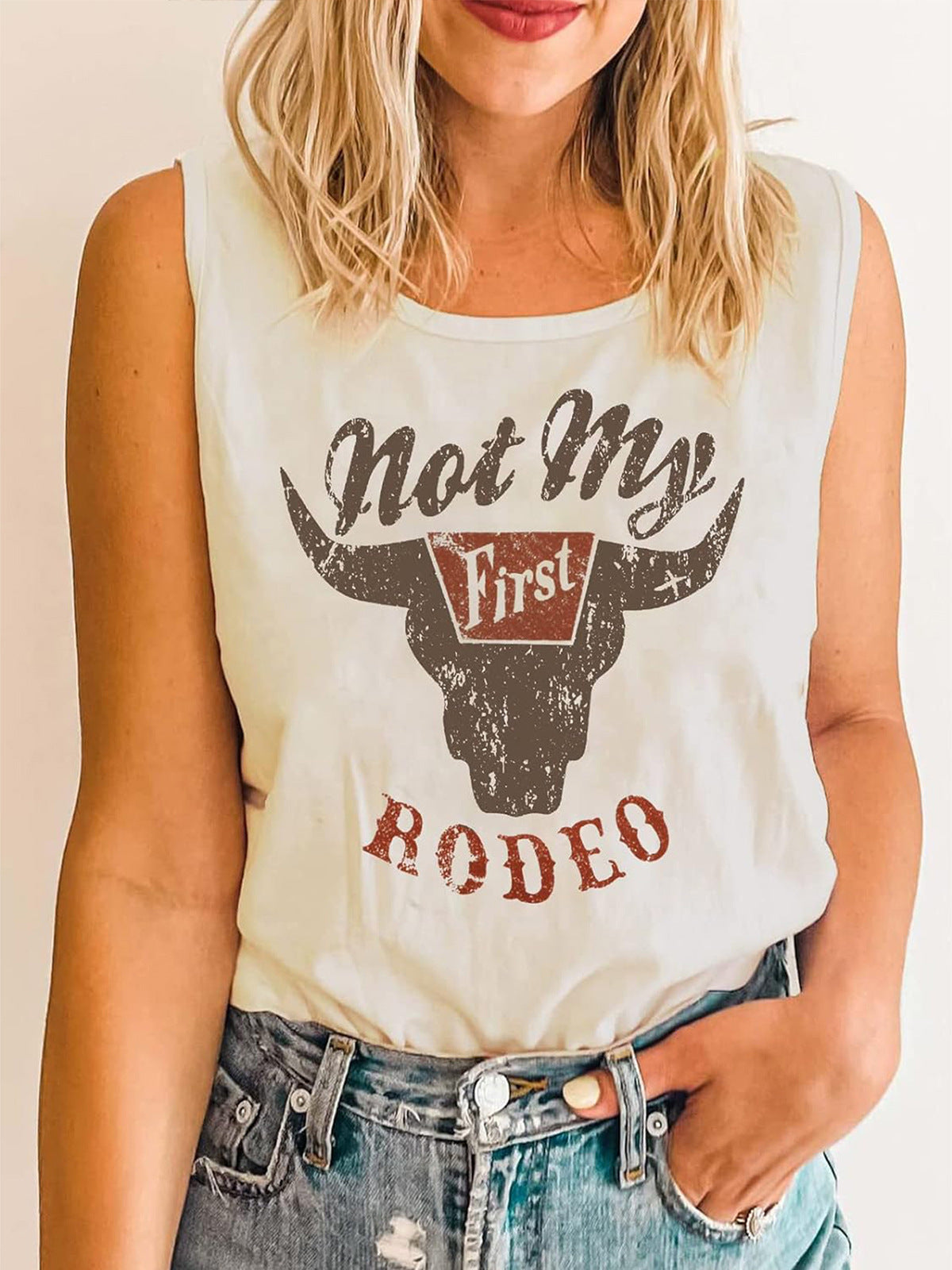 Western Summer Women Casual Hat Niutou Printed Round Sleeveless Vest