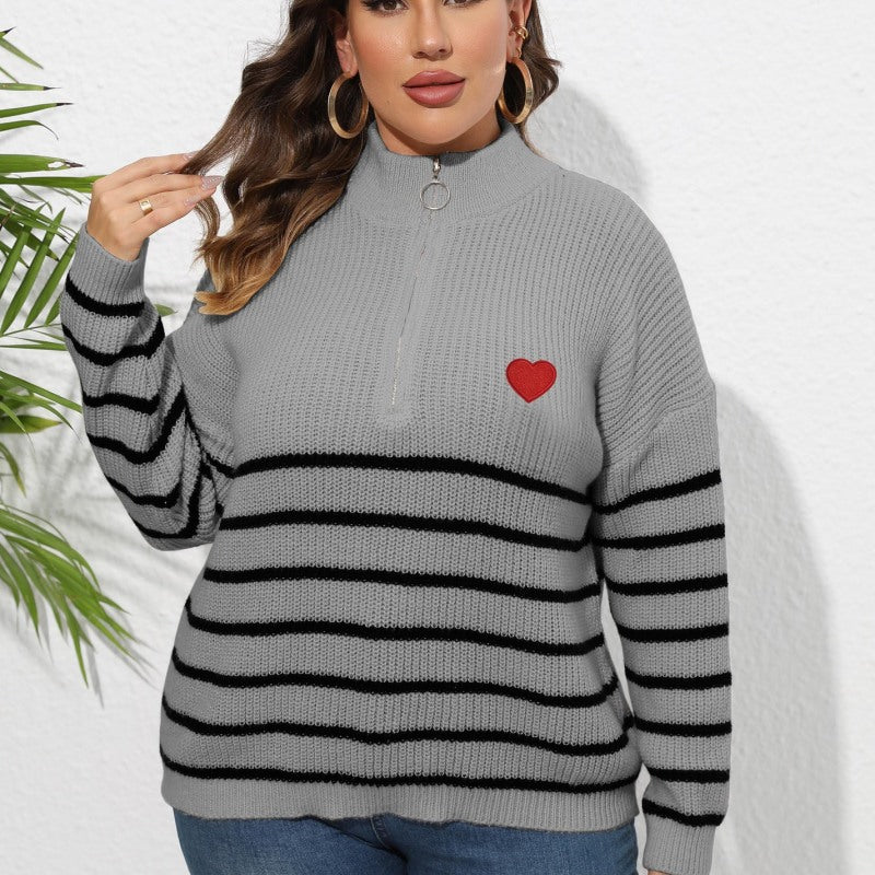 Suéter de punto informal para mujer, talla grande, invierno, otoño, a rayas, media cremallera y solapa