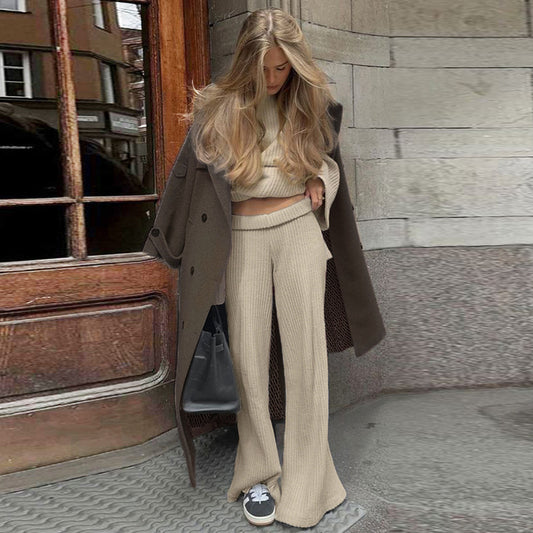 Pantalones de punto a rayas holgados casuales de moda para mujer