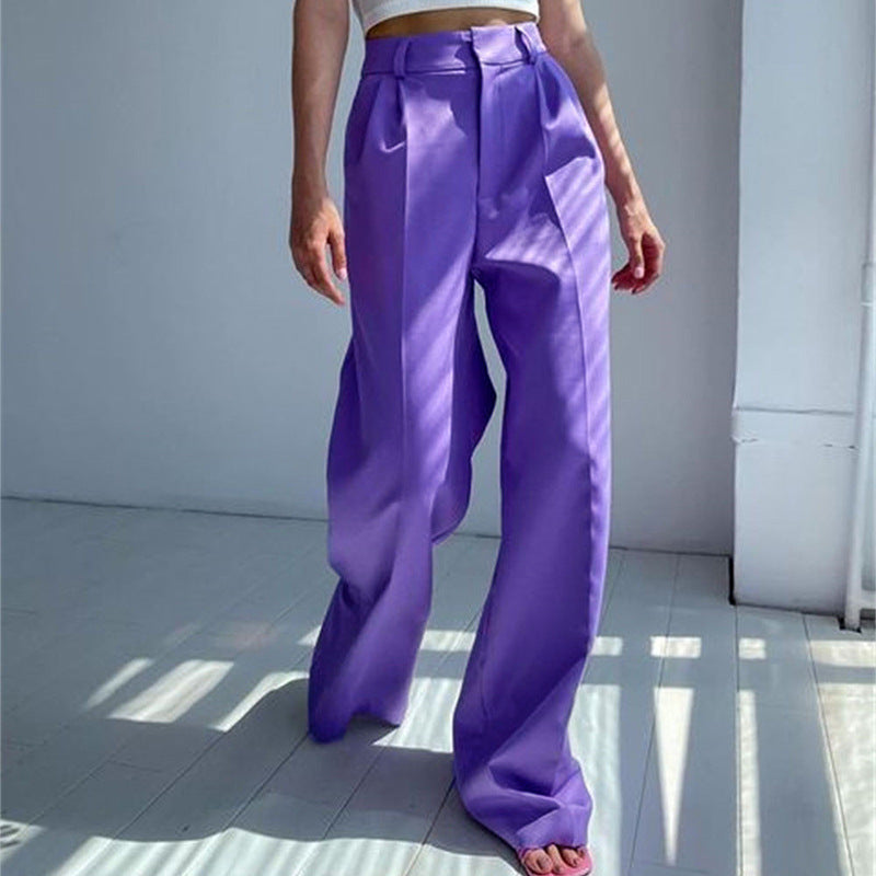 Women Basic Solid Color Casual High Waist Wide-Leg Mopping Pants