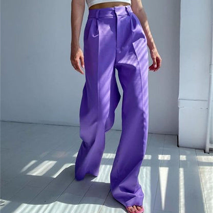 Women Basic Solid Color Casual High Waist Wide-Leg Mopping Pants