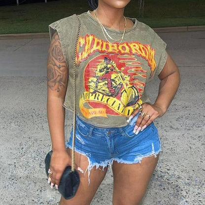 Camiseta corta informal sin mangas con estampado de letras para mujer