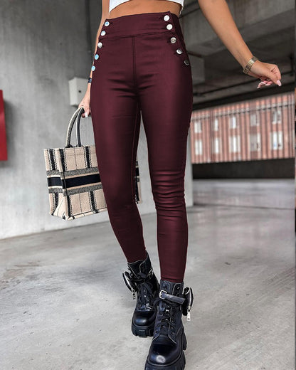 Women Solid Color High Waist PU Leather Button Slim Fit Casual Pants