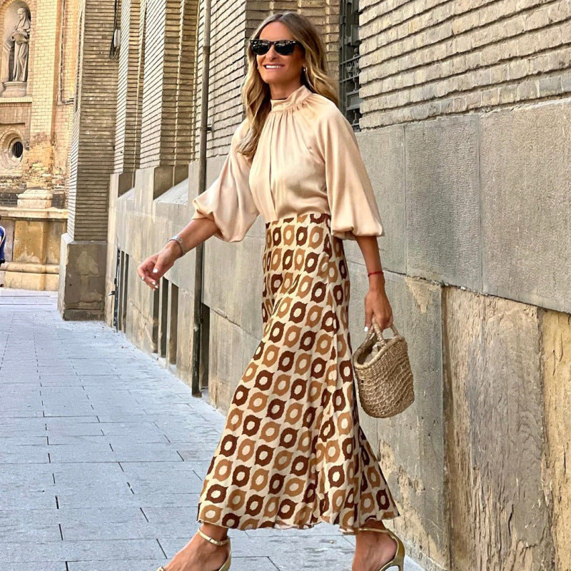 Autumn Casual Elegant Women Polka Dot Print Mid-length Skirt