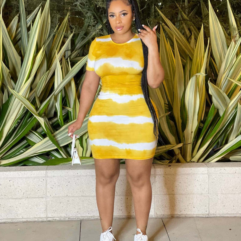 Women Fashion Casual Stripe Print Short Sleeve Tight Dress