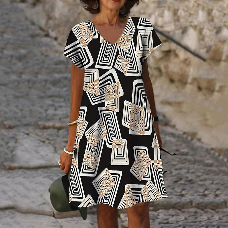 Women Fashion Casual Short Sleeve V Neck Loose Graphic Print Dress
