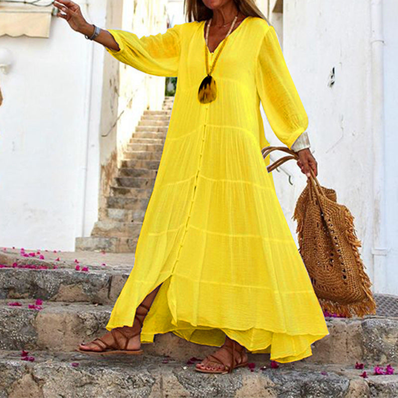 Summer Women Casual Solid Color Bohemian V-Neck Long Sleeve Cotton And Linen Maxi Dress
