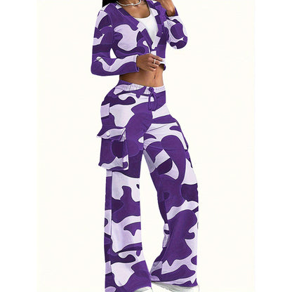 Conjunto de dos piezas de top corto de manga larga con estampado de camuflaje informal para mujer