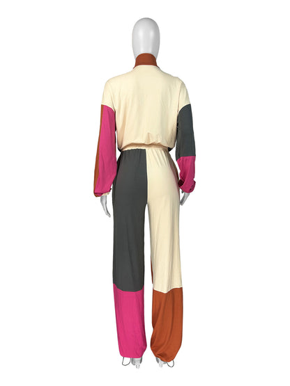 Women Fashion Casual Color Matching Long-Sleeve Drawstring Top Loose Pants Two-Piece Set