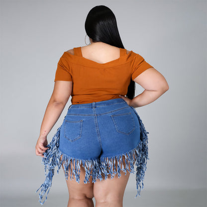 Women Fashion Casual Rothle Tassel Sanding Denim Shorts
