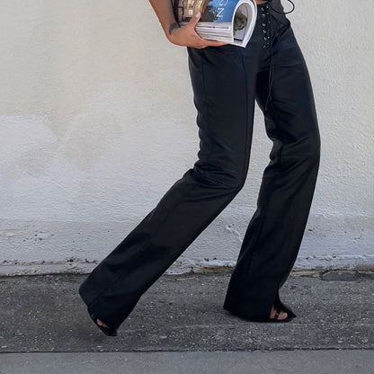 Women Pu Leather Pants Straight Loose Casual Low Waist Leather Pants