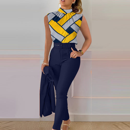 Women Fashion Casual Geometric Floral Printed Vest Casual Pants Two-Piece Set Without Jacket