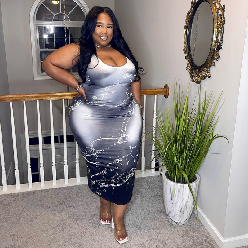Women Fashion Casual Plus Size Round Neck Printed Sleeveless Dress