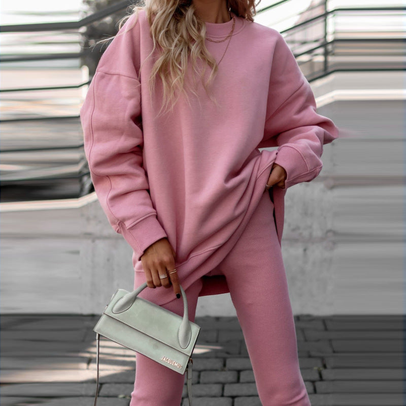Conjunto informal de dos piezas con top y pantalón holgados de manga larga y cuello redondo de color liso para mujer